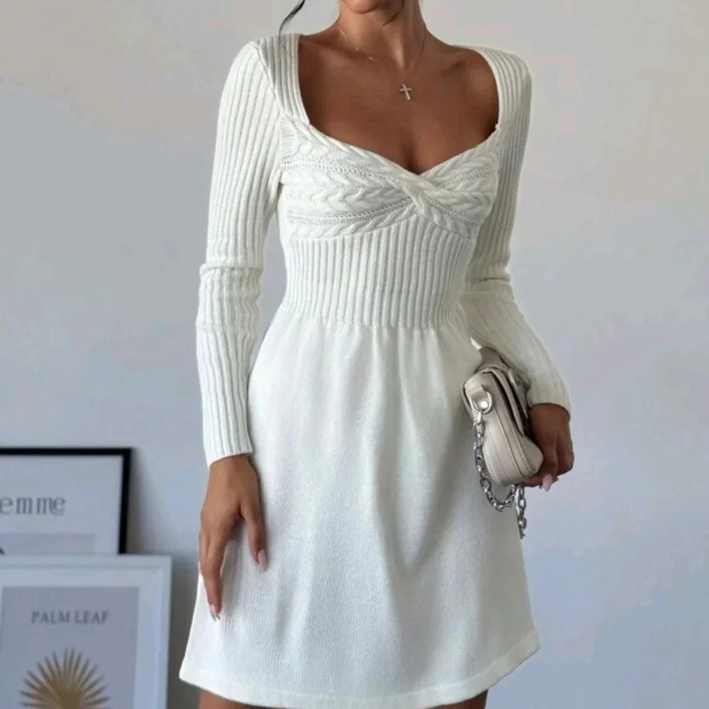 Knotted Front A-Line Long Sleeve Sweater Mini Dress - Picture 2 of 5